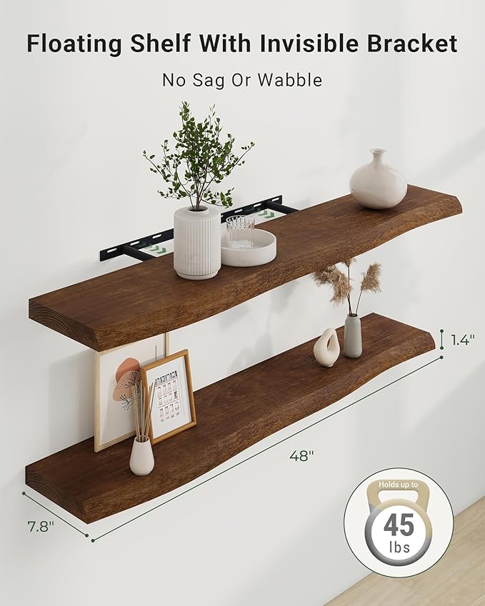 Axeman 48" Solid Wood Floating Shelves for Wall Decor, USA-Sourced Rustic Ash Wood Live Edge Shelf with Upgraded Heavy Invisible Bracket, Wall Mounted Shelf for Kitchen Bathroom Living Room, Walnut