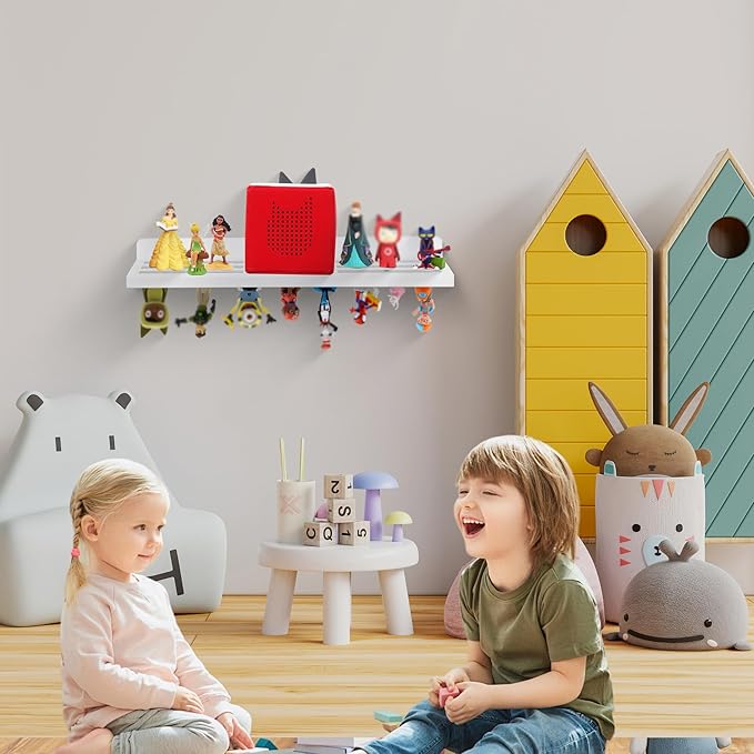 For Tonies Figures Shelf Magnetic,for Tonie Box Wall Shelves,for Tonies Characters Organizer Audio Toy Storage (Holds 36 Figurines),Compatible Charging Station for Children Kid's Room,Oak Wood,White