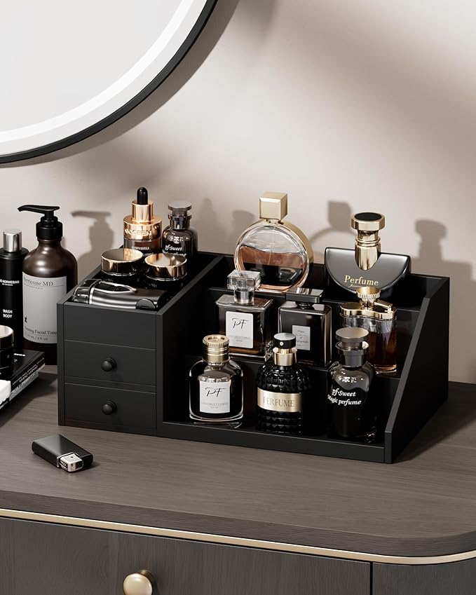 ProCase Wooden Cologne Organizer for Men, 3-Tier Elevated Wood Perfume Storage Display Shelf with Drawers, Dresser Storage Stand Riser for Fragrance Skin Care, Gift for Boys Men Dad Husband -Black