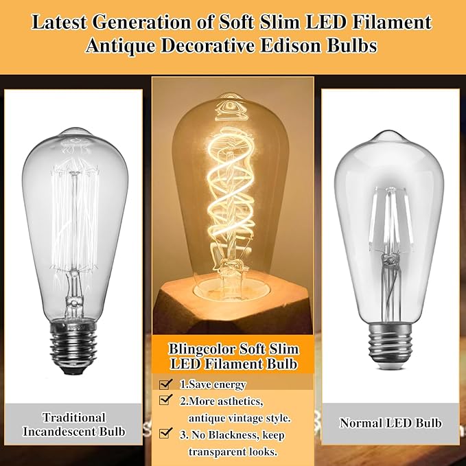 BLINGCOLOR E26 LED Vintage Edison Light Bulbs 60W Equivalent, Dimmable E26 6W LED Edison Bulb 2200K Amber Warm Light, ST58 Antique Decorative Light Bulbs for Pendant Lights Fixture, CRI90+, 4 Pack