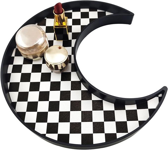 Ciandid Checkered Moon Shape Jewelry Tray - Decorative Organizer for Dresser, Makeup, Perfume - Vanity Tray for Bathroom, Coffee Table, Ottoman