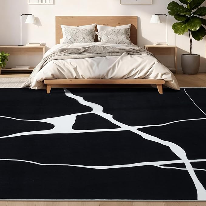 YIHOUSE Abstract Washable Rug 8x10,Ultra Thin Non Slip Black Rugs for Living Room,Modern Minimalist White Stripe Rugs for Bedroom,Dining Room Office Playroom(8'x10',Black-White)