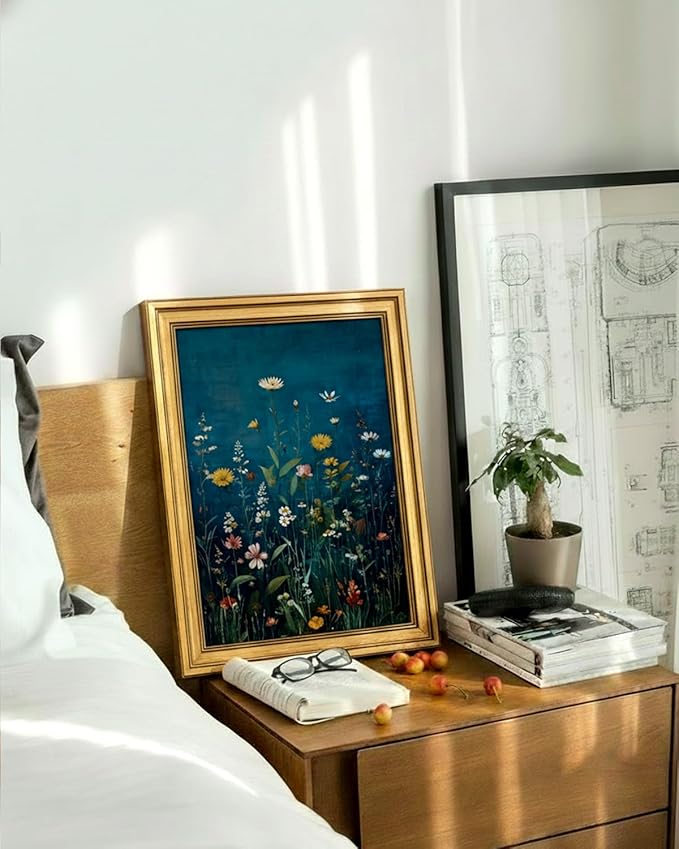 HUARCEY Framed Canvas Wall Art Vintage Decor, Wildflowers Picture Decor, Rustic Vintage Neutral Canvas Paintings Retro Table Desk Pictures for Bedroom Living Room, 12x16Inch