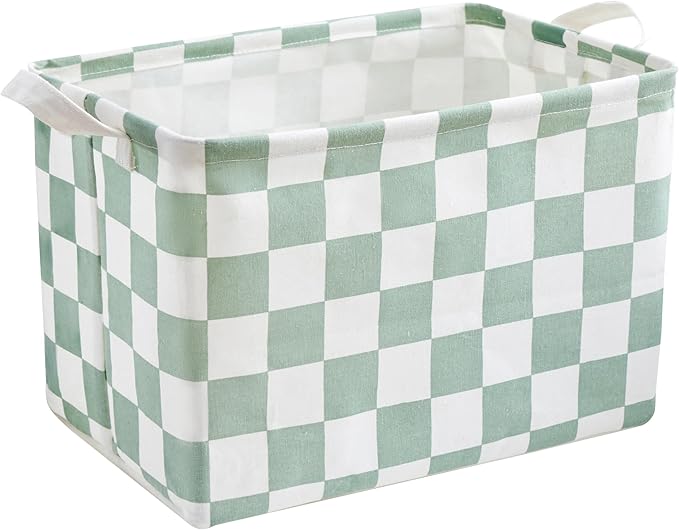 Ohocut Sage Green Checkered Canvas Basket, Rectangular Organizing Decorative Storage Basket for Kids, Dog Toy, Cute Aesthetic Checkered Room Decor for Home, Kitchen, Bedroom, Classroom, Shelves