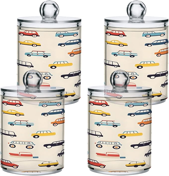 Nander 4Pack Cartoon Car Qtip Holder Dispenser -Clear Plastic Apothecary Jars Set - Restroom Bathroom Makeup Organizers Containers for Cotton Swab, Ball, Pads, Floss