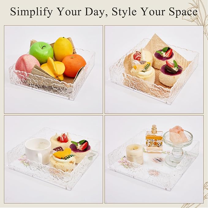 8"x8" Scalloped Acrylic Tray with Magnetic Mat - All-in-One Organizer for Jewelry, Makeup, Desk & Vanity, 2-in-1 as Tray & Photo Stand, for Women, Mom, Bride