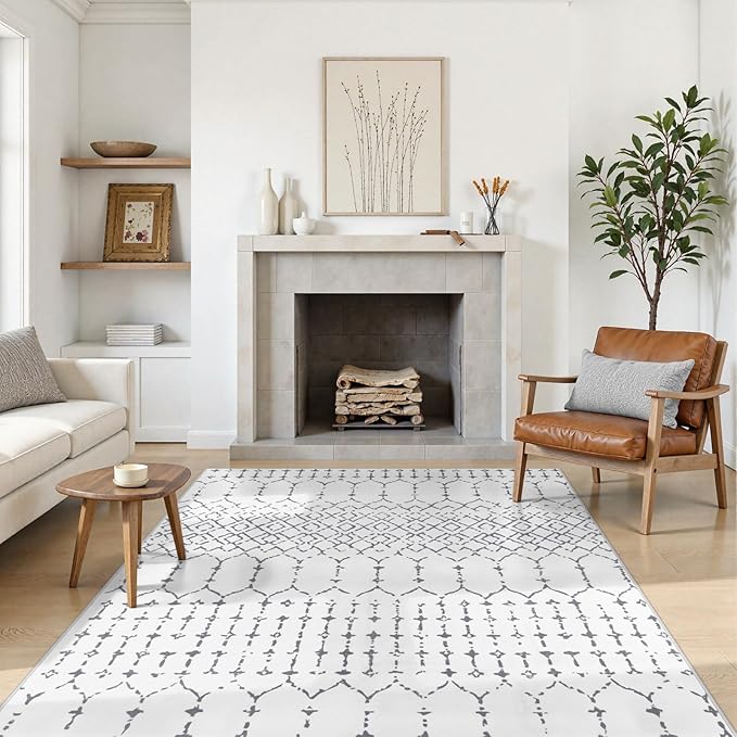 Lahome Moroccan 9x12 Washable Area Rug - Non-Slip Washable Ultra-Thin Soft Large Rug for Living Room, Modern Geometric Print Stain Resistant Carpet for Bedroom Dining Room Hana, White