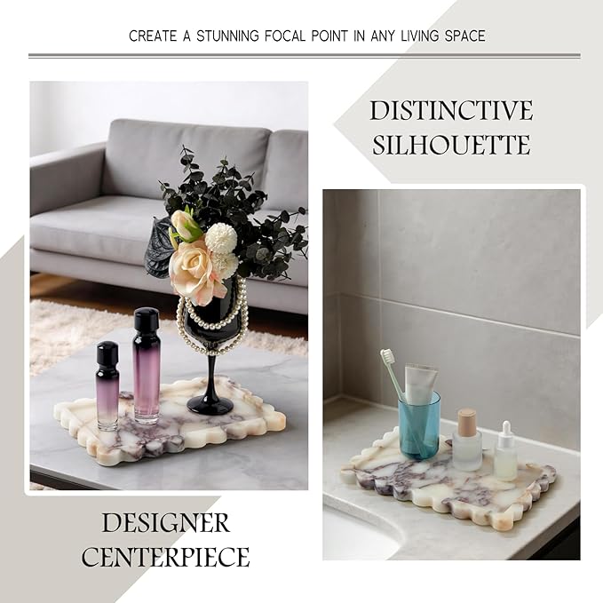 Luxury Natural Scalloped Marble Tray – 11.8 x 7.8-Inch Calacatta Viola Stone Vanity Tray, Elegant Catchall Organizer for Jewelry Perfume Keys, Unique Statement Tray for Bathroom Coffee Table & Dresser