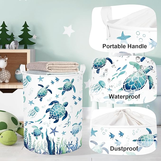 Sea Animals Laundry Hamper Ocean Fish Coral Large Storage Basket Parents Organizer Kids Clothes Toy Bins for Bedroom, Bathroom, Blue Turtles, 63L
