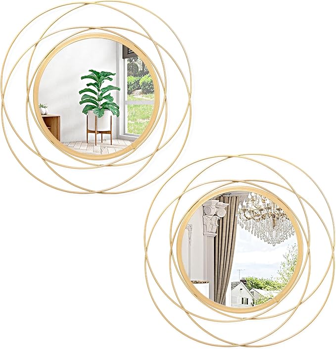 Gold Circle Mirror, Wall Decor Iron Frame Wall Art 2 Set 12'' Round Mirrors Home Decor Hanging for Bathroom Living Room Bedroom Entryway