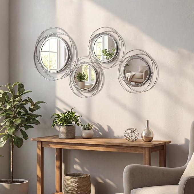 4 Piece Gold Round Wall Mirror Set Modern Metal Circle Home Decor for Living Room Bedroom Entryway 11/9 Inch Decorative Mirrors Minimalist Wall Art for Home