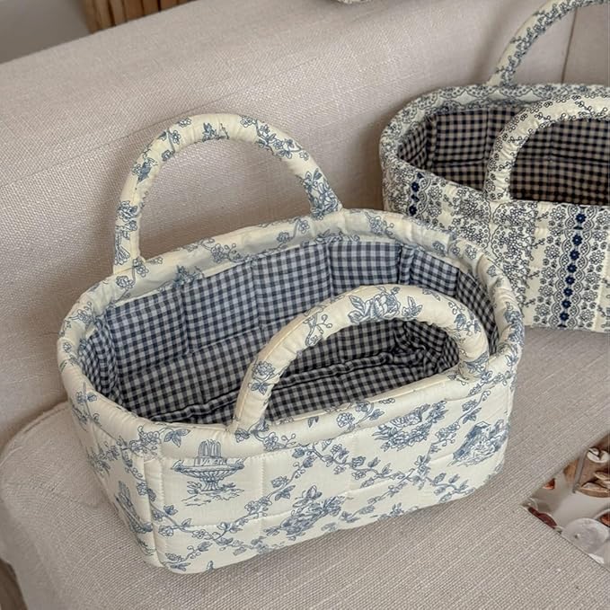 Small Storage Basket Organizer, Mini Fabric Floral Storage Baskets with Handle, Quilted Portable Collapsible Storage (Vine-Blue A)