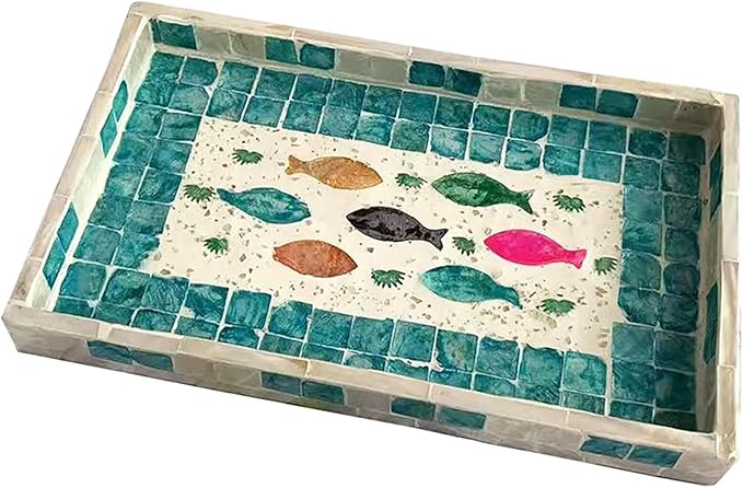 Mother of Pearl Inlay Mosaic Serving Tray for Living Room Rectangular Serving Tray Decorative Drays for Coffee Table Trays for Home Decor Bar Trays for Liquor Display for Tea, Table