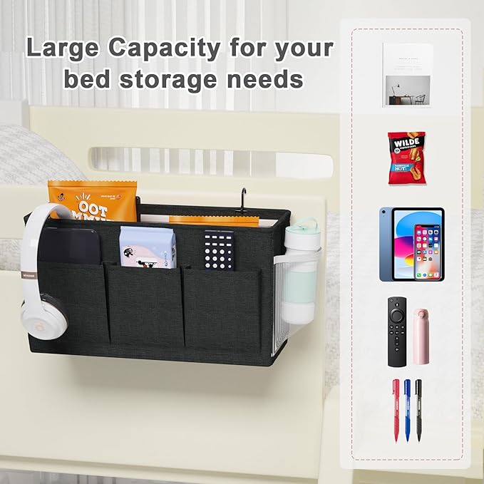 Edudif Dual-purpose Bedside Caddy Bedside Organizer, Bed Caddy with 6 Pockets, Versatile Bedside Storage Solution Magazine Remotes holder, ideal for Home, Dorm, Hospital, Crib Bed (Black 2 pcs)