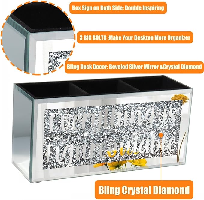 Silver Mirror Crystal Diamond Home Office Desk Box Sign Decor, Desktop Pen Organizer with 3 Compartment, Multi-Use Storage Box for Pencil, Remote, Makeup Brush-9.1×4.3×3.1Inches