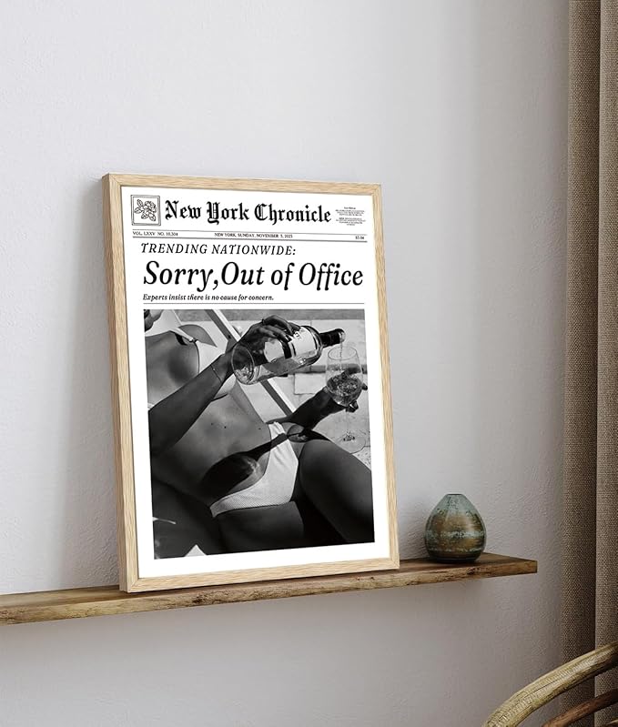 Bwodke OAK Wood Framed Wall Art Sorry Out Of Office Canvas Art News Pictures Wall Decor Vintage Newspaper Prints Trendy Artwork for Girly Dorm Bedroom 12"x16"