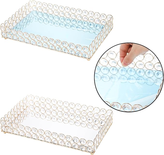 Hedume Crystal Vanity Tray, 12.3" x 8" Mirrored Cosmetic Makeup Tray, Large Jewelry Trinket Organizer Tray, Ornate Decorative Tray for Dresser Countertop Wedding Home Bathroom