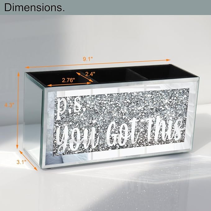 Silver Mirror Crystal Diamond Home Office Desk Box Sign Decor, Desktop Pen Organizer with 3 Compartment, Multi-Use Storage Box for Pencil, Remote, Makeup Brush-9.1×4.3×3.1Inches
