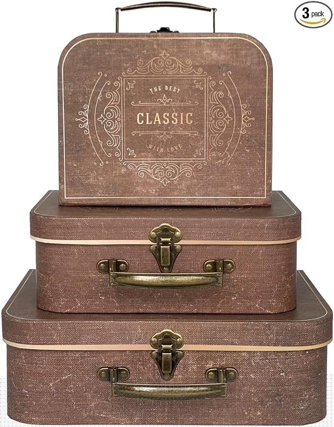 Vintage Decorative Storage Box Set of 3 with Lids, Keepsake & Photo Box, Brown Suitcase Memento Case