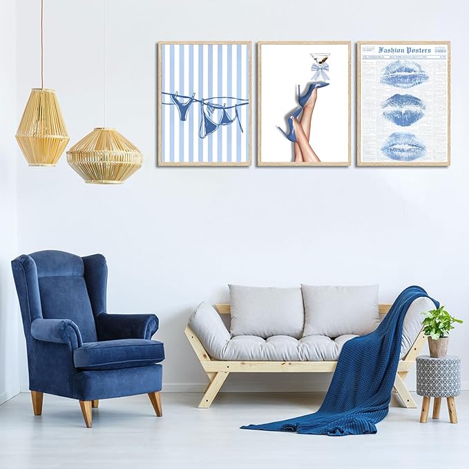 3Pcs Trendy Coquette Wall Art Blue Lips Bikini & Bow Heels Wall Decor Pictures Vintage Martini Newspapaer Canvas Posters Prints for Y2K Girly Room Dorm Apartment Preppy Aesthetic Decor 12x16in