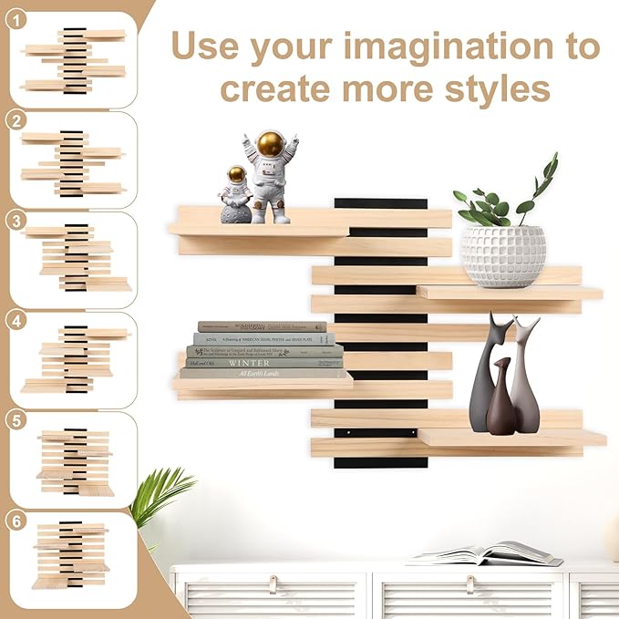 4-Tier Adjustable Wooden Floating Shelf Space-Saving Wall Mounted Shelf with Multiple Customizable Layouts Display Rack for Figurines Doll Small Plant Statue Wall Organizer for Living Room Bedroom