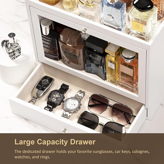 Emfogo Cologne Organizers Stand for Men, Solid Wood Perfumes Organizers Stand for Men Dresser, Large Capacity Dustproof Cologne Holder with Drawer Storage Perfume Stand, Ideal Gift for Loved ones