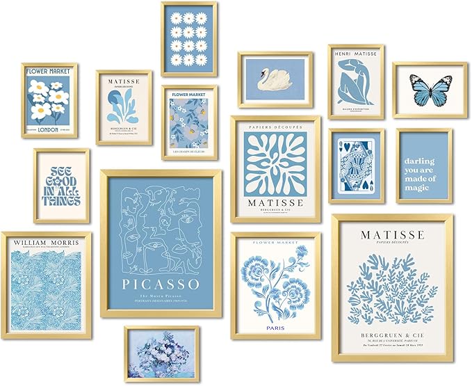 ANERZA 16 PCS Framed Blue Wall Art Decor, Matisse Wall Prints for Bedroom, Gallery Wall Frame Set, Minimalist Posters for Living Room Aesthetic, Collage Kit, Teen Girls Dorm Home Artwork