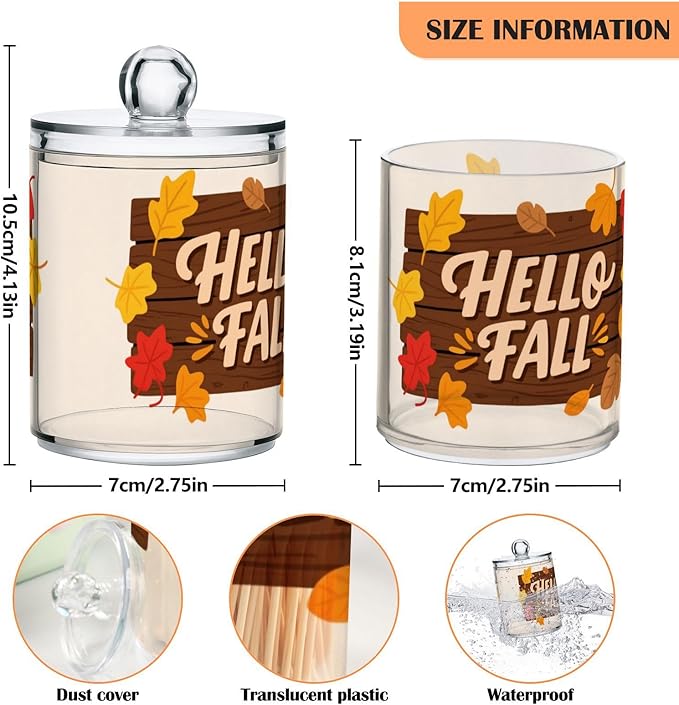 2 Pack Apothecary Jars Dark Brown Hello Fall Bathroom Vanity Storage Organizer Set,Small Clear Plastic Storage Jars Bathroom Canister for Cotton Swabs, Rounds, Balls, Qtips,Makeup Sponges, Flos