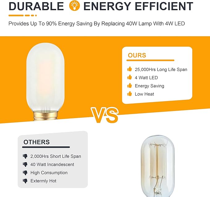 Frosted T45 LED Bulb- Vintage E26 Base Edison Light Bulbs 40 Watt Equivalent- Dimmable Decorative Antique T14 Filament Tubular Bulbs- 4W 2700K Soft Warm White- 6 Count