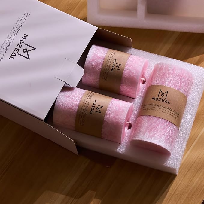 MOZEAL Hand-Poured, Unscented Pink Crystal Pillar Decorative Candles, Elegant Set of 3 in Different Sizes (3"x4", 3"x5", 3"x6"), Luxurious Décor for Spring Homes & Events