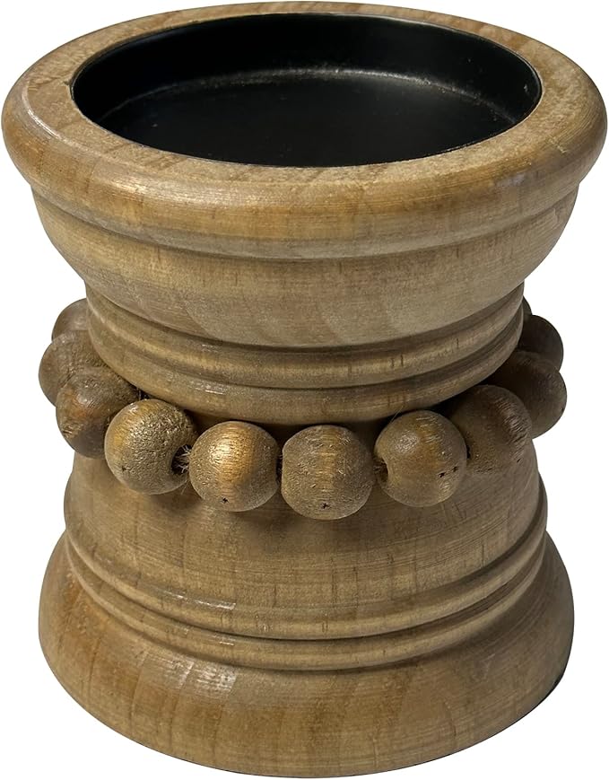 dwellington Farmhouse Rustic Wood Pillar Candle Holder for Pillar Candles, Decorative Beaded Candlestick Holder Stand for Home Décor, Gifts, Wedding (Natural)