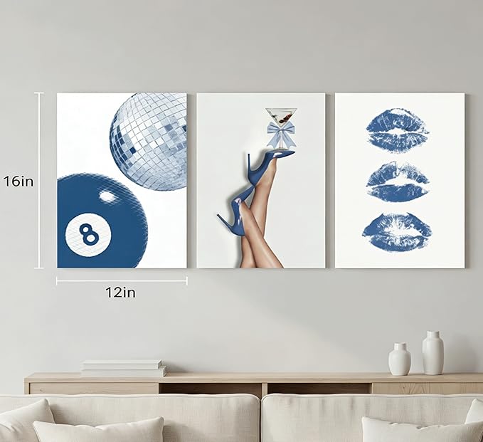 3Pcs BlueTrendy Aesthetic Canvas Wall Art,Fashion High-Heeled Shoe Lucky 8 Ball Lip Picture Poster Prints Y2K Stylish Wall Decor,For Girls' Bedroom Dorm Apartment Wall Decor 12x16in Framed