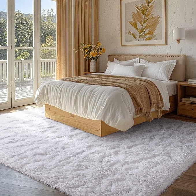FinRèc White Rugs for Bedroom Living Room, 5x7 Feet Fluffy Shaggy Area Rug, Non-Slip Soft Shag Rug for Nursery Kids Room Dorm Room Home Decor, Indoor Plush Floor Carpet