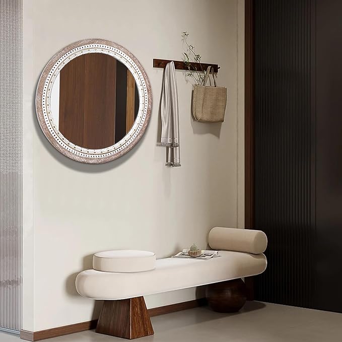 Reflinto 24 Inch Boho Wooden Round Mirror for Wall Decor, Rustic Farmhouse Circle Mirrors Decorative for Bathroom Over Sink, Living Room, Entryway, Hallway