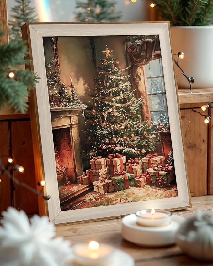 VIYYIEA Winter Framed Wall Art for Living Room, Christmas Tree Canvas Prints, Oil Painting Home Decor, Christmas Picture, Bathroom Wall Decor Gifts for Friends or Family - 16L x 12W