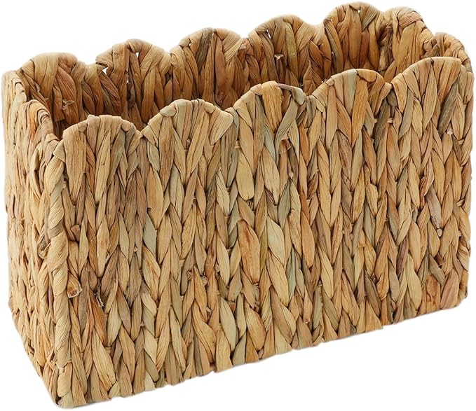 Water Hyacinth Magazine Holder for Floor, Wicker Magazine Basket, Tall Narrow Magazine Rack & File Holder for Books, Mail & Newspapers, Scalloped Storage Basket for Living Room, Office, Bedroom