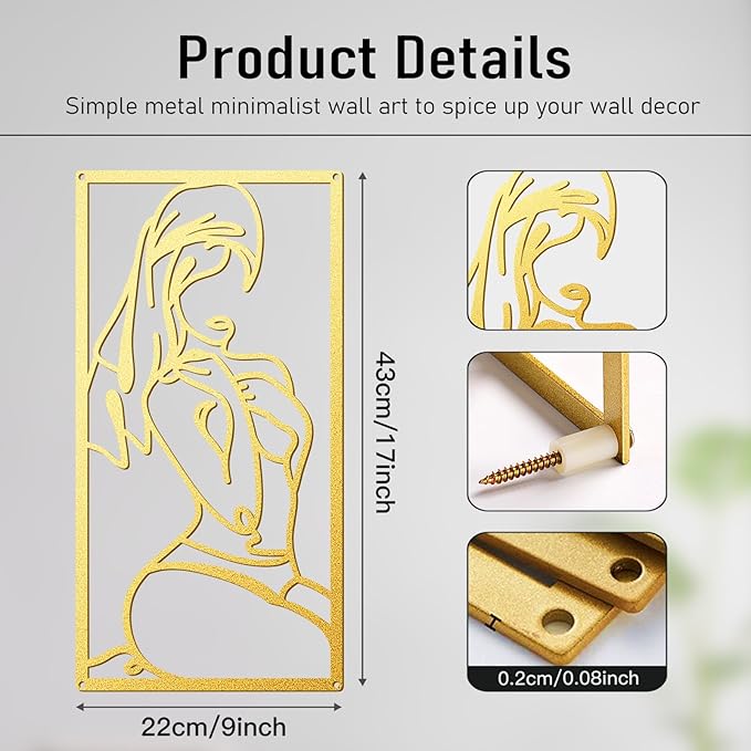 Bakovity Gold Metal Bathroom Wall Art Minimalist Line Art Wall Decor Gold Abstract Modern Wall Decor for Bathroom Living Room Bedroom (4 Pcs,17 x 9 in)