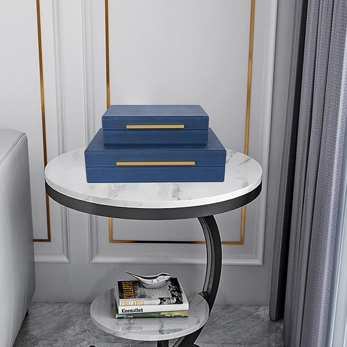 Navy Blue Shagreen box Set of 2 Faux Leather Decorative Boxes,Large Nesting Storage Decorative Boxes with Lids for Modern Home Decor Stacking Jewelry Box Organizer