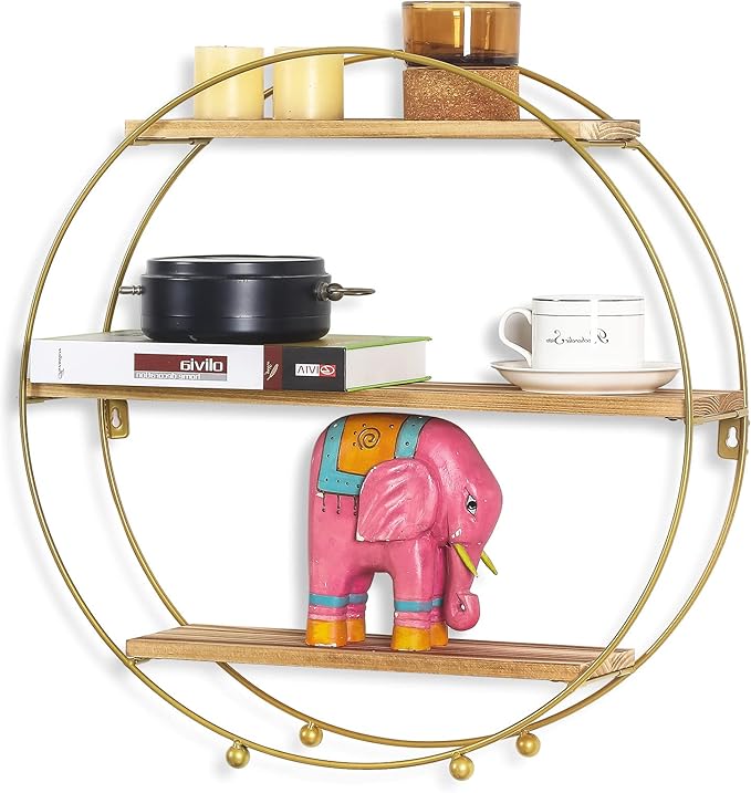 Joveco Round Wall Shelf Gold, 3 Tier Metal & Wood Circle Shelf Set, Round Shelves Wall Decor for Living Room,Bedroom,Bathroom (Gold)