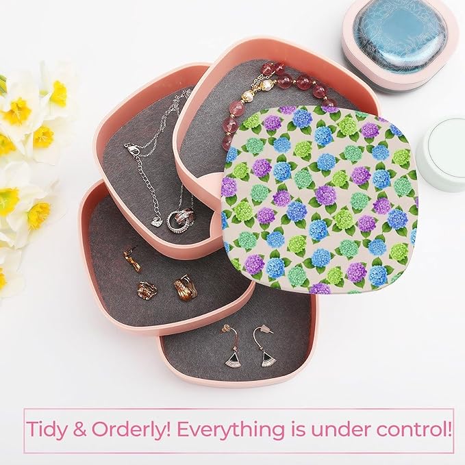 4-Layers Rotatable Jewelry Organizer Storage Box Watercolor Hydrangea Earring Organizer Box Jewelry Case with Mirror