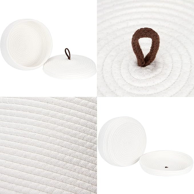 Sea Team Round Cotton Rope Storage Basket with Lid, Decorative Woven Storage Bin, Pot, Caddy, Organizer, Container for Snacks, Towels, Plants, 10 x 4.5 Inches (Small, Shallow, White)