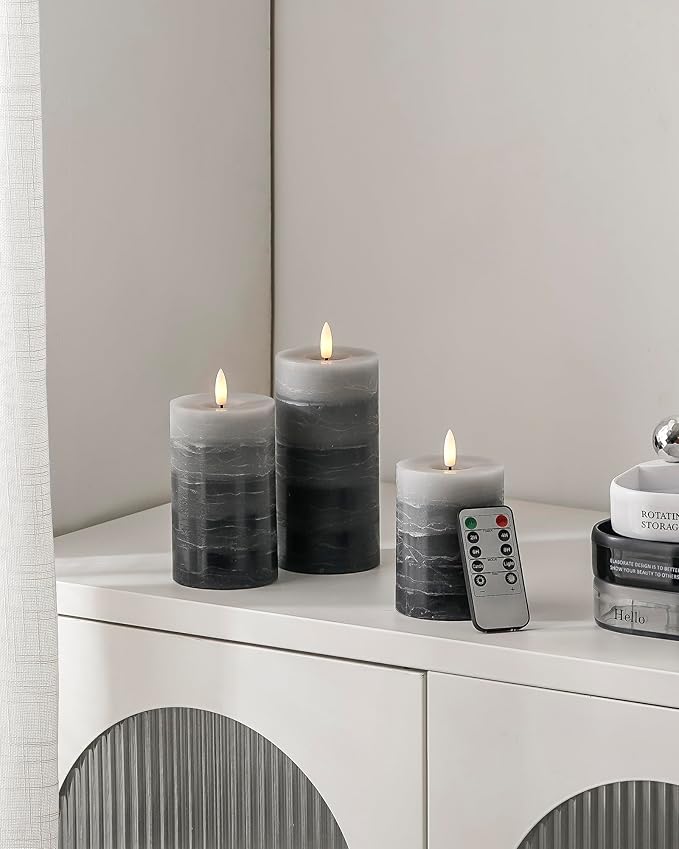 Stmarry Distressed Gradient Gray Flameless Candles with Remote and Timer, Real Wax Made LED Pillar Candles Battery Operated with 3D Flickering Flame - 3" x 4",5",6" - Set of 3