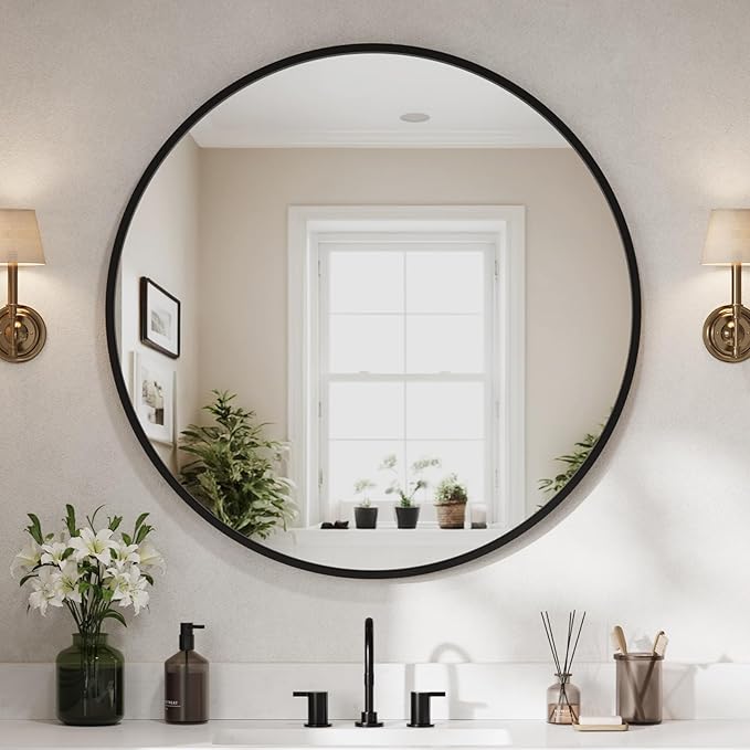 USHOWER Bathroom Mirrors for Over Sink, 42 Inch Circle Mirror with Metal Frame, Black Wall Mirror for Vanity, Entryway, Living Room, Hallway and Bedroom Decor
