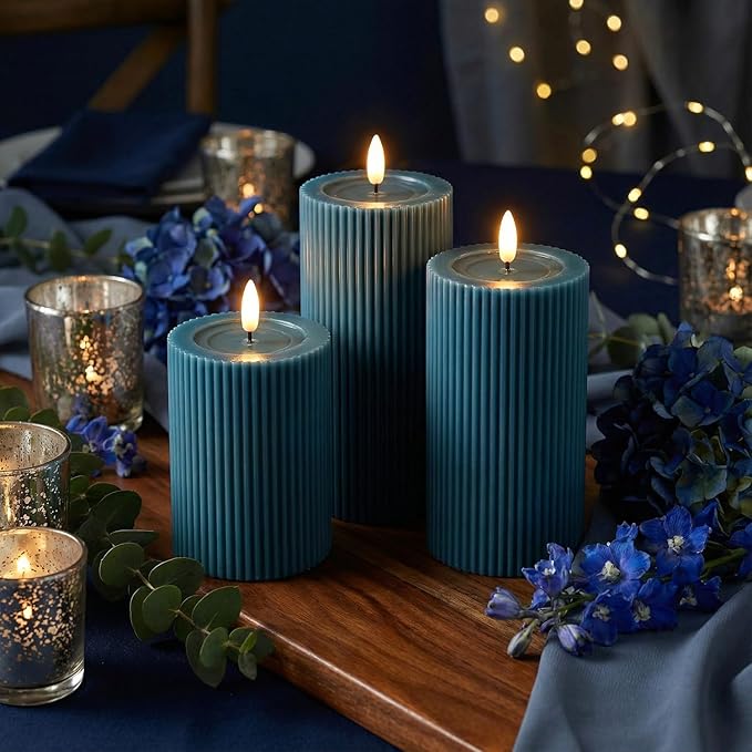 Fluted Ribbed LED Pillar Candles, Blue, with Reflective Melted-Wax Effect – Flickering Flame, Remote, Dimmable, Flameless, Battery Operated, Home & Wedding Decor (Set of 3)