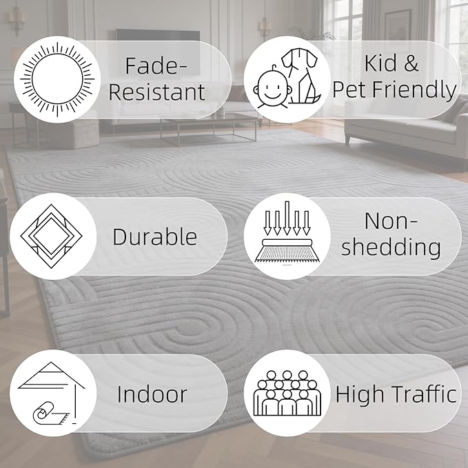Grey 5x7 Solid Color Area Rugs – Washable Living Room Rug, Modern Geometric Non-Slip Indoor Carpet with Soft High-Low Pile, Fluffy Floor Rugs for Bedroom, Kids Room, Nursery, Home Décor