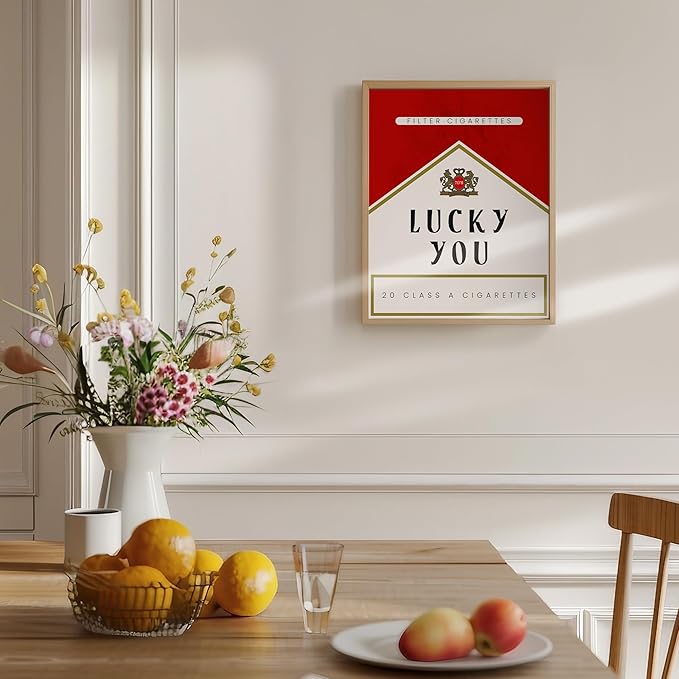 Lucky You Retro Wall Art 11x14 - Vintage Cigarette Design Pop Art Poster - Minimalist 70s Aesthetic Room Decor - Red Gallery Wall Picture - Maximalist Eclectic Home Decor - Living Room Bedroom Dorm