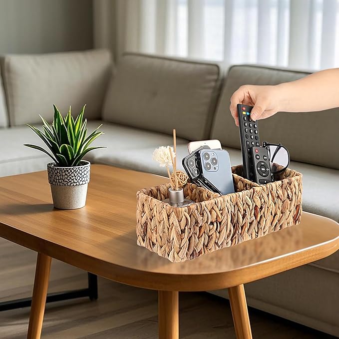 BTSKY Handwoven Remote Control Holder for Table, Natural Water Hyacinth Remote Control Caddy Small Wicker Storage Basket, 3-Compartment Office Supplies Desk Organizer Rustic Makeup Brushes Holder
