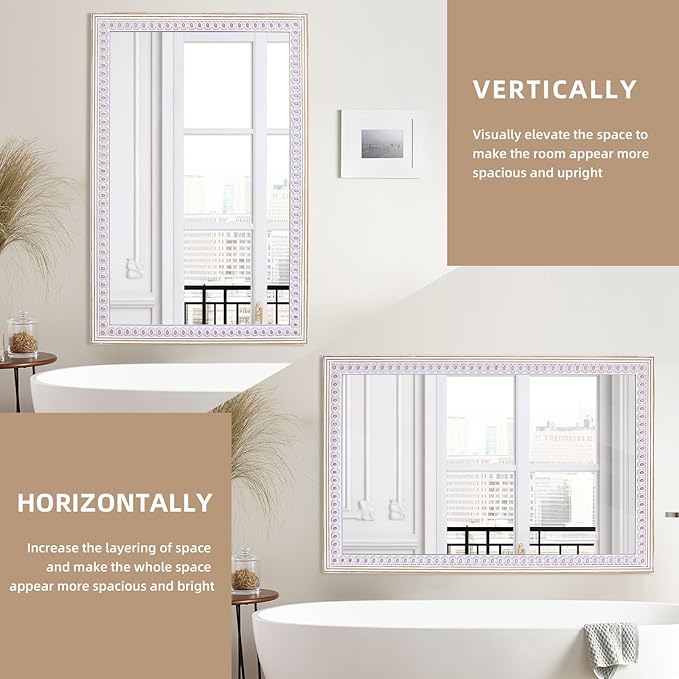 35x23 Inch Wooden Rectangle Mirror for Wall, Farmhouse Rustic Mirrors Decorative for Bathroom Over Sink, Entryway, Living Room, Bedroom (Vertical/Horizontal)