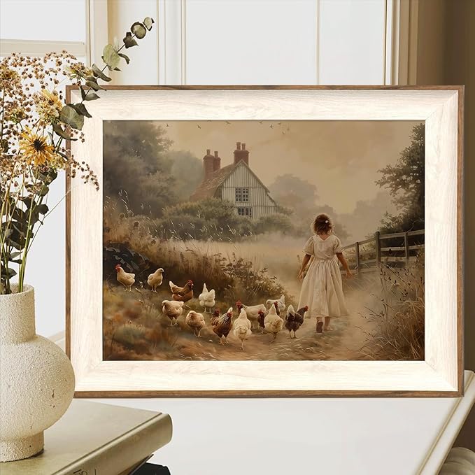 ASTRDECOR Framed Vintage Wall Art, Farmhouse Decor Girl Chicken Farm Canvas Painting Farmhouse Wall Decor, Vintage Rustic Artwork for Wall, Country Wall Decor for Kitchen Bedroom Living Room-12''x 16''