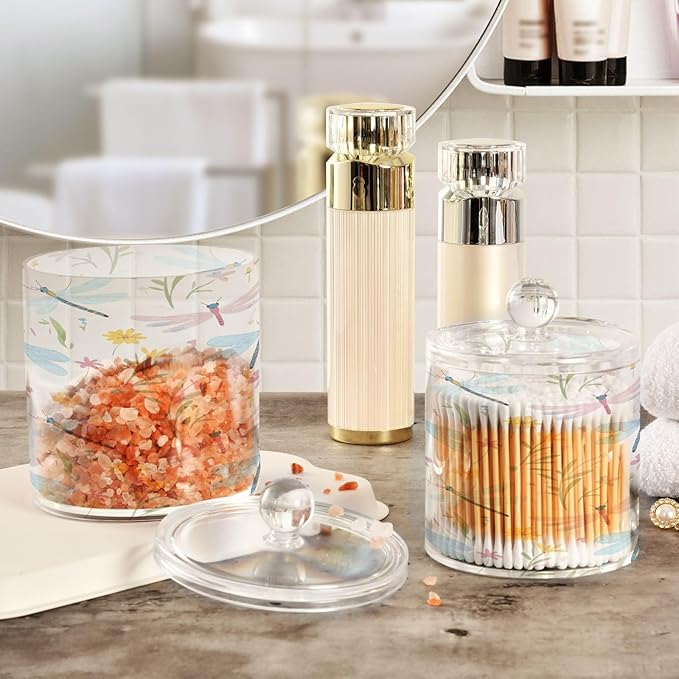 Watercolor Butterfly Flowers Soft Color Clear Plastic Makeup Organizer Storage with lid Dresser Essentials Decorative Dental floss storage jar for Cotton Swabs,Cotton Pads,Floss Picks,Paper